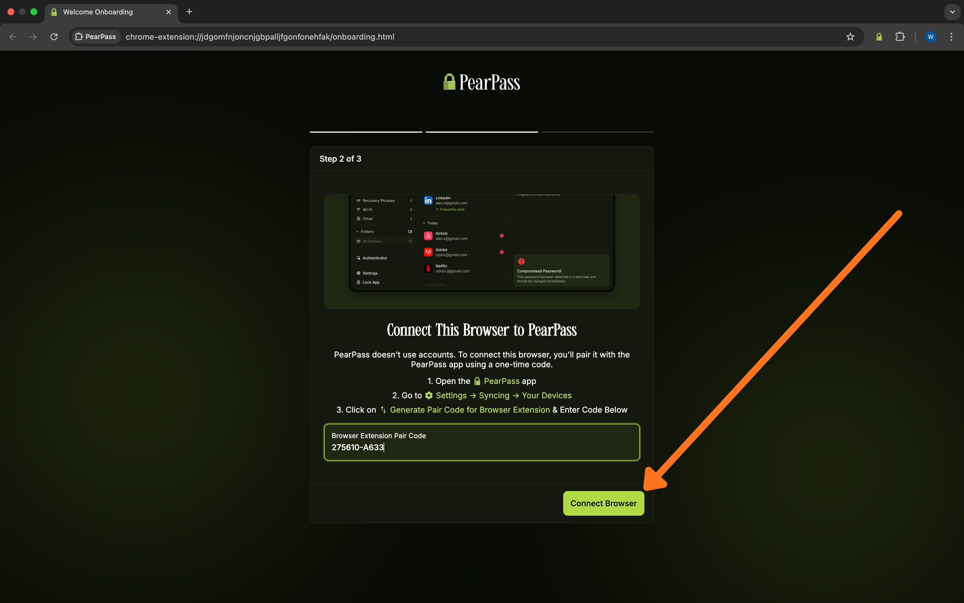 Browser Extension Pair Code field with Connect Browser button